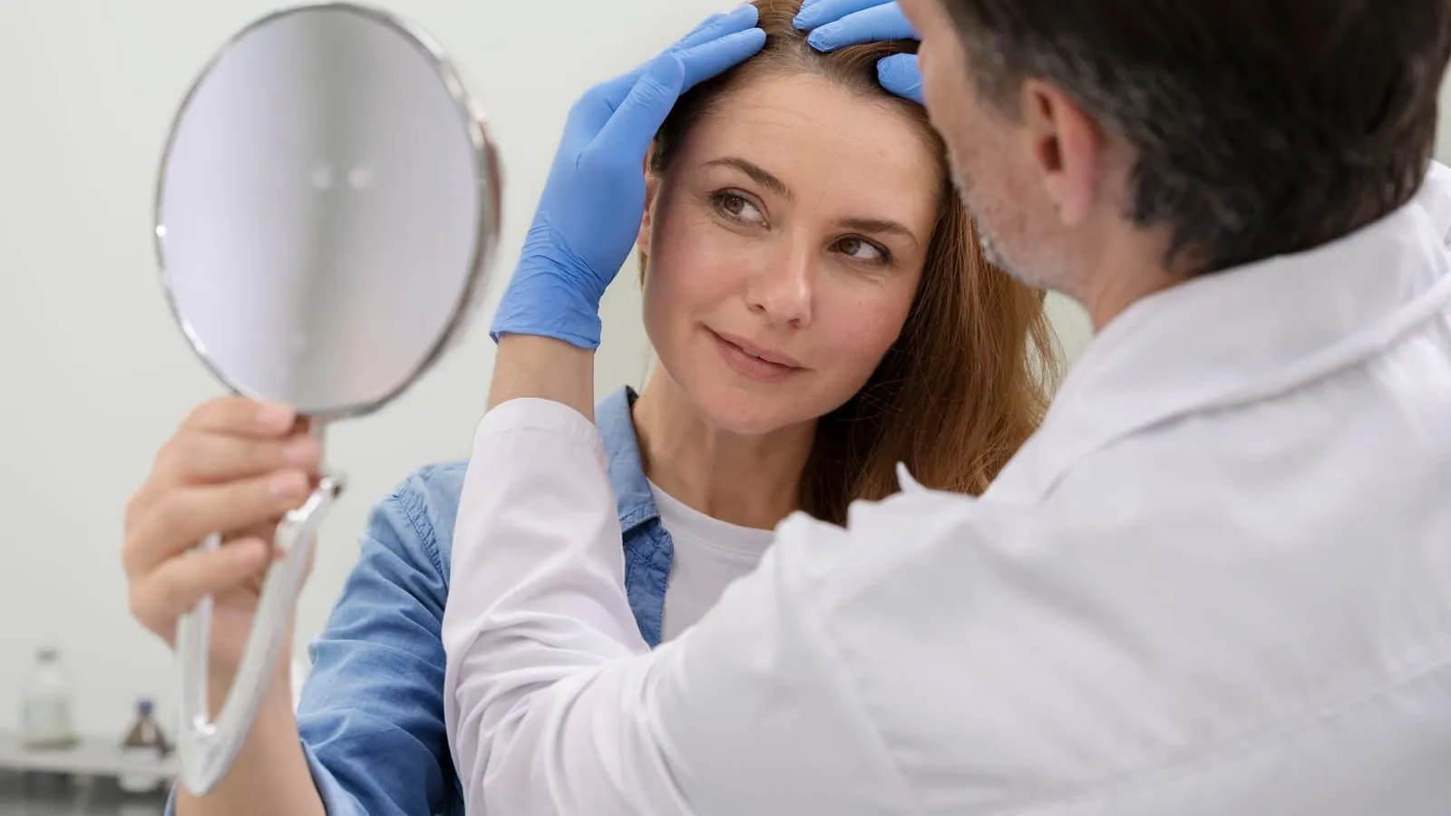 A woman with long hair examining her parting and hairline in a mirror during a hair loss consultation