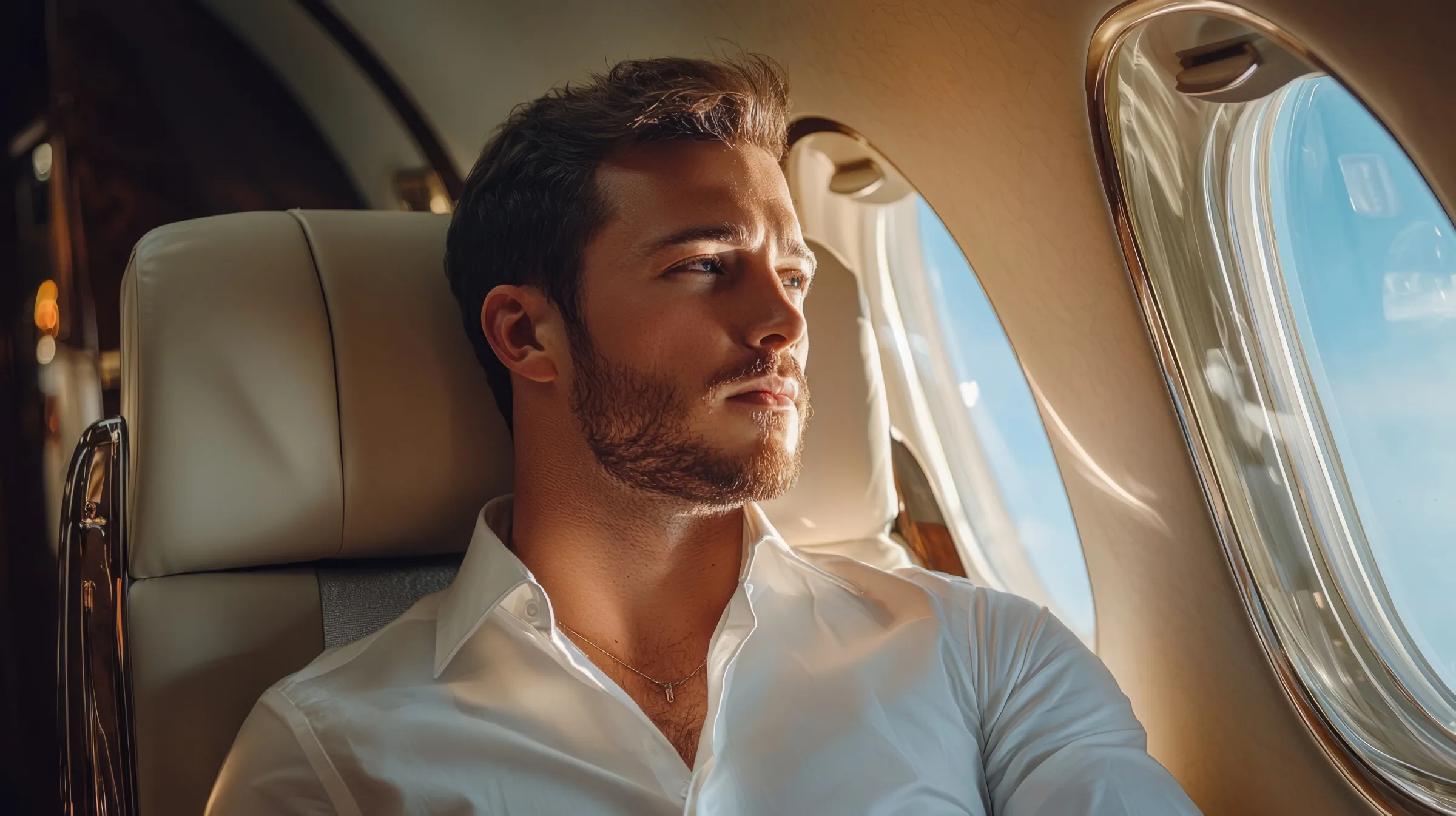 A passenger looking out of an aircraft window on the flight home after surgery