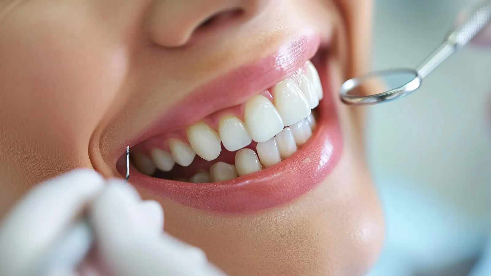 Close-up of a bright smile and white teeth during a dental examination in Istanbul