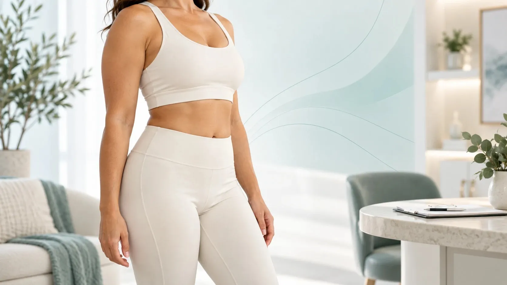 What is Sono Bello: a woman in cream activewear showing her waist and hips in a bright consultation room