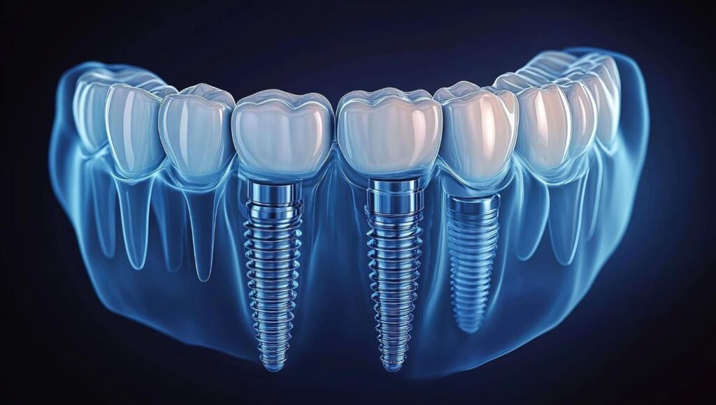 3D illustration of dental implants placed in the lower jaw to support new crowns