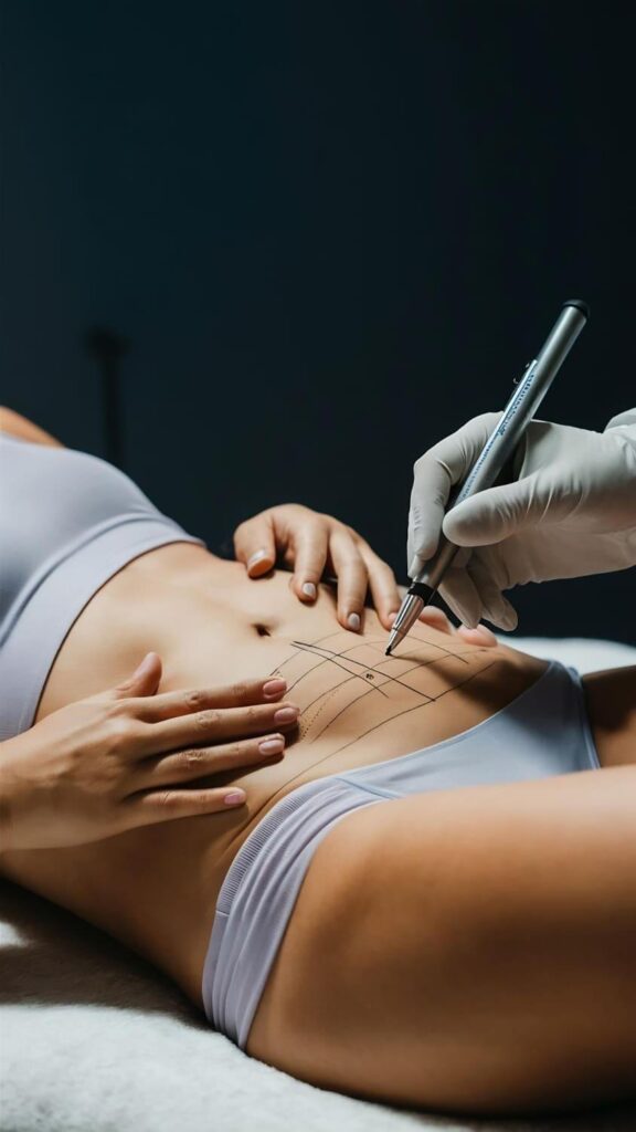 Surgeon marking the abdomen before liposuction treatment