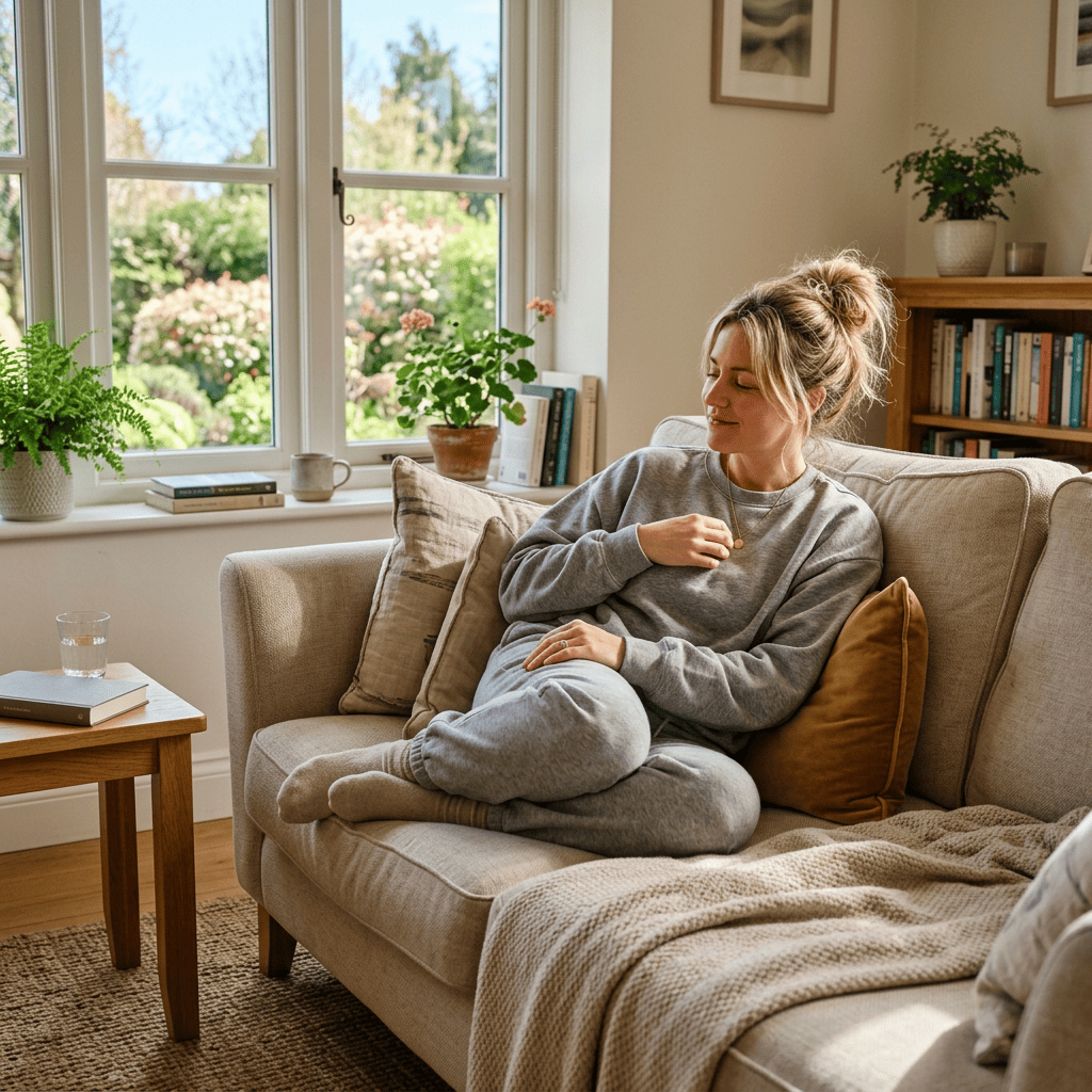 Woman resting at home during her liposuction recovery