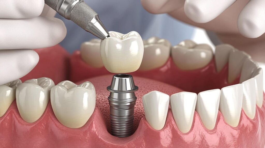 3D illustration of a crown being fitted onto a single dental implant in the gum
